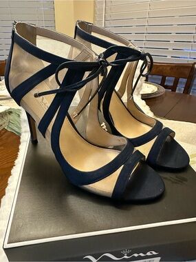 Nina Navy Suede Strappy High Heel Sandals with Ankle Tie